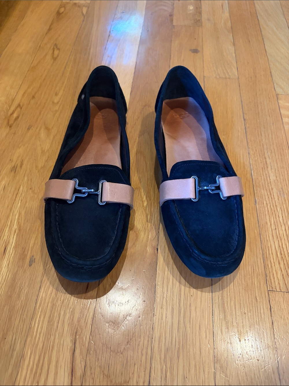 UGG Navy Suede Loafers with Tan Accent